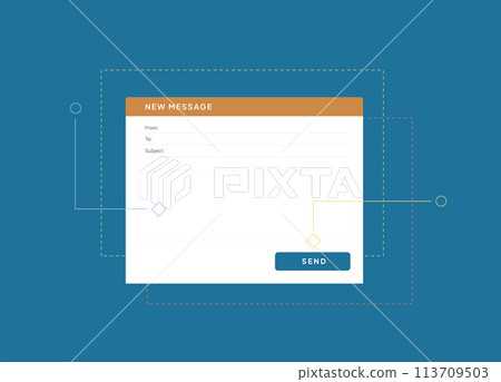 Blank email window template. New message interface mockup on blue background. Mail app UI for sending emails and creating new messages Blank email window template. New message interface mockup on blue background. Mail app UI for sending emails and creating new messages 113709503