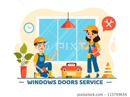 Windows and Doors Installation Service Vector Illustration with Worker for Home Repair and Renovation use Tools in Flat Kids Cartoon Background Design 113709656