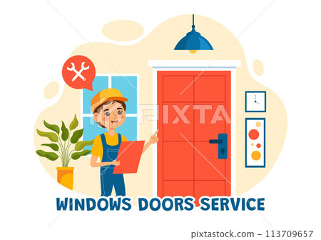 Windows and Doors Installation Service Vector Illustration with Worker for Home Repair and Renovation use Tools in Flat Kids Cartoon Background Design Windows and Doors Installation Service Vector Illustration with Worker for Home Repair and Renovation use Tools in Flat Kids Cartoon Background Design 113709657