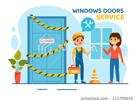 Windows and Doors Installation Service Vector Illustration with Worker for Home Repair and Renovation use Tools in Flat Kids Cartoon Background Design Windows and Doors Installation Service Vector Illustration with Worker for Home Repair and Renovation use Tools in Flat Kids Cartoon Background Design 113709659