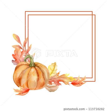 Orange pumpkin with autumn colorful leaves square frame. Cozy fall floral banner for invitation, greeting card, label design. Harvest season decor 113710282