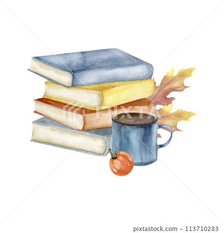 Autumn clipart with books, cacao cup and orange leaves. Cozy, warm fall clip art for harvest season, home decoration, thanksgiving design Autumn clipart with books, cacao cup and orange leaves. Cozy, warm fall clip art for harvest season, home decoration, thanksgiving design 113710283