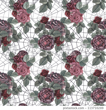 Seamless pattern black spider with cobweb and dark roses flowers and leaves isolated on white background. Watercolor hand draw dark fantasy illustration. Art design mystical Halloween witch decoration Seamless pattern black spider with cobweb and dark roses flowers and leaves isolated on white background. Watercolor hand draw dark fantasy illustration. Art design mystical Halloween witch decoration 113710289