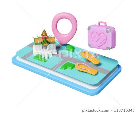 3d mobile phone or smartphone with map, sandals, luggage, measure isolated. map earth travel concept, 3d render illustration 113710345