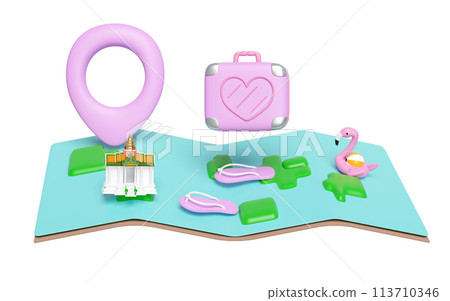3d map with sandals, luggage, measure, flamingo, pin isolated. map earth travel concept, 3d render illustration 113710346