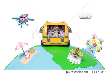 Tourist buses run around the world with boy, plane, luggage, guitar, measure, ferris wheel, island isolated. travel around the world concept, 3d render illustration Tourist buses run around the world with boy, plane, luggage, guitar, measure, ferris wheel, island isolated. travel around the world concept, 3d render illustration 113710350