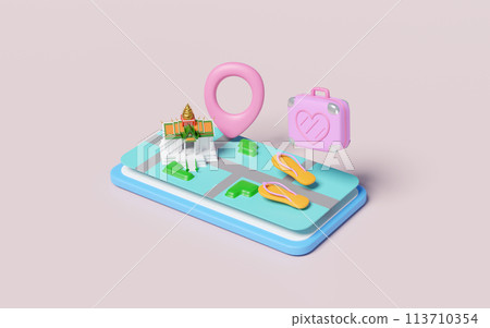 3d mobile phone or smartphone with map, sandals, luggage, measure isolated on pink background. map earth travel concept, 3d render illustration 3d mobile phone or smartphone with map, sandals, luggage, measure isolated on pink background. map earth travel concept, 3d render illustration 113710354