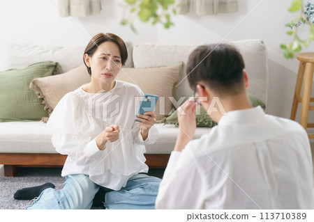 Couple arguing in the living room 113710389