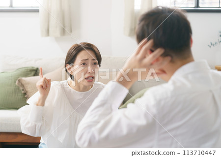 Couple arguing in the living room 113710447