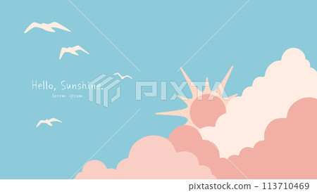 Background illustration of blue sky with the sun peeking out from behind the clouds and birds flying Background illustration of blue sky with the sun peeking out from behind the clouds and birds flying 113710469
