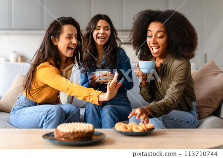 Cheerful friends sharing a joyful moment at home 113710744