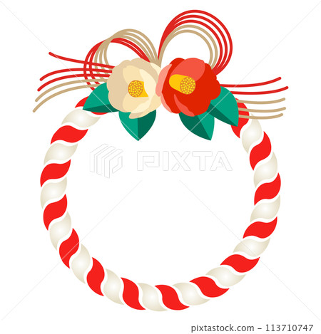 Color illustration of a red and white camellia shimenawa decoration 113710747