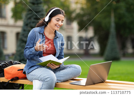 Engaged woman student using laptop and speaking 113710775