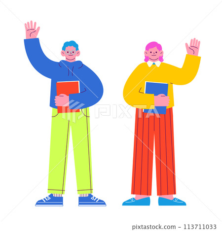 一個男人和一個女人戴著眼鏡拿著文件並舉手問候的插圖平 R 隔離在白色背景。 113711033