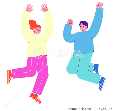 Illustration of two men and women jumping with joy. Flat RGB vector material isolated on white background Illustration of two men and women jumping with joy. Flat RGB vector material isolated on white background 113711046