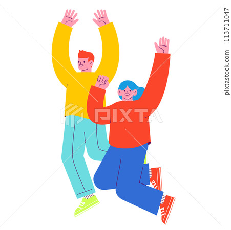 兩個男人和女人高興地跳躍的插圖在白色背景上被隔離。 113711047