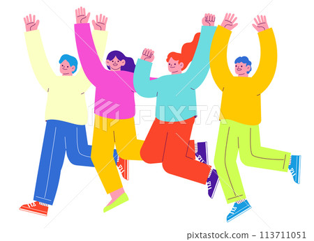 四個男人和女人高興地跳躍的插圖在白色背景下被隔離。 四個男人和女人高興地跳躍的插圖在白色背景下被隔離。 113711051