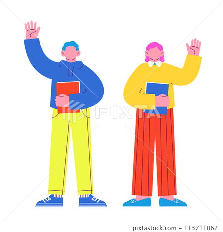 Illustration of a man and woman wearing glasses holding a file raising their hands in greeting Flat R isolated on white background Illustration of a man and woman wearing glasses holding a file raising their hands in greeting Flat R isolated on white background 113711062
