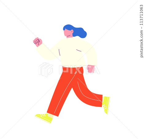 Illustration of a smiling woman running. Flat RGB vector material isolated on white background 113711063