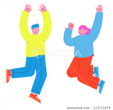 兩個男人和女人高興地跳躍的插圖在白色背景上被隔離。 兩個男人和女人高興地跳躍的插圖在白色背景上被隔離。 113711074