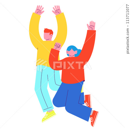 Illustration of two men and women jumping with joy. Flat RGB vector material isolated on white background 113711077