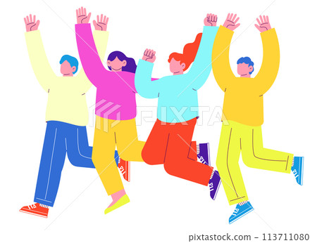 四個男人和女人高興地跳躍的插圖在白色背景下被隔離。 四個男人和女人高興地跳躍的插圖在白色背景下被隔離。 113711080
