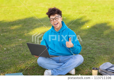 Cheerful student with laptop on grass, studying at park 113711106