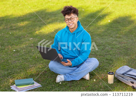 Outdoor study session with laptop, studying at park 113711219
