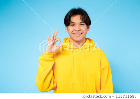 Young guy showing an OK sign, smiling Young guy showing an OK sign, smiling 113711685