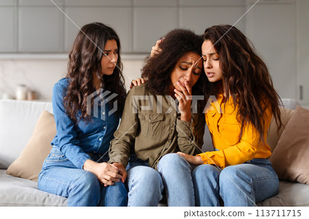Group of friends express concern for crying woman Group of friends express concern for crying woman 113711715