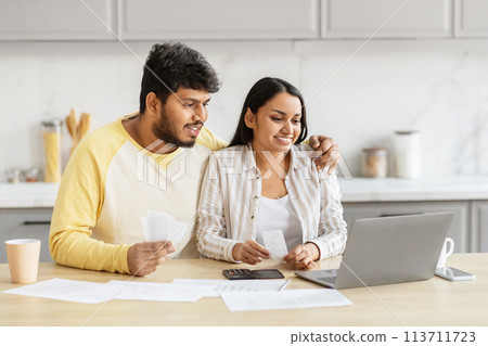 Indian couple reviewing finances with a laptop 113711723