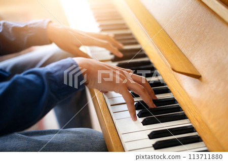 Male hands playing melody on the piano keys, closeup Male hands playing melody on the piano keys, closeup 113711880