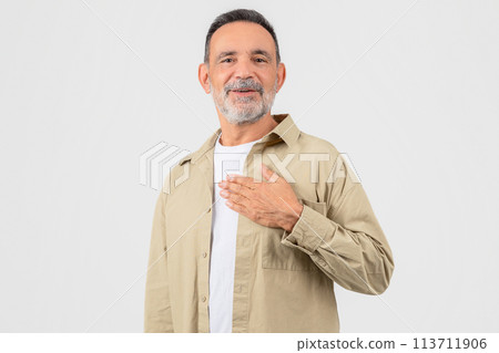 Elderly man with hand on heart gesture Elderly man with hand on heart gesture 113711906
