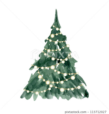 Christmas tree with shining garland lights watercolor sketch illustration isolated on white background in simple style for Happy New Year greeting cards and designs Christmas tree with shining garland lights watercolor sketch illustration isolated on white background in simple style for Happy New Year greeting cards and designs 113712027