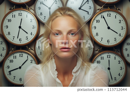 Woman with clocks on the wall. Time management concept. Generative Ai. 113712044
