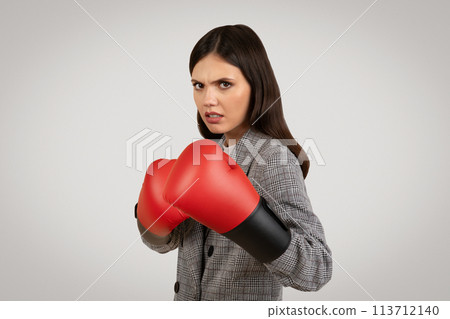 Fierce businesswoman with boxing gloves in business attire Fierce businesswoman with boxing gloves in business attire 113712140