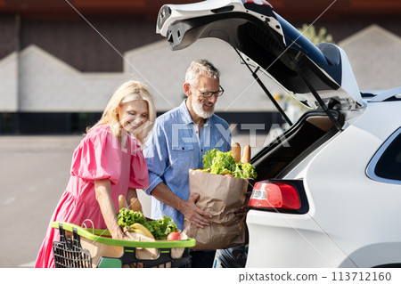 Senior couple loading groceries into car after shopping 113712160