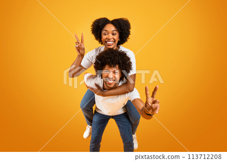 Cool african american woman piggybacking her boyfriend Cool african american woman piggybacking her boyfriend 113712208