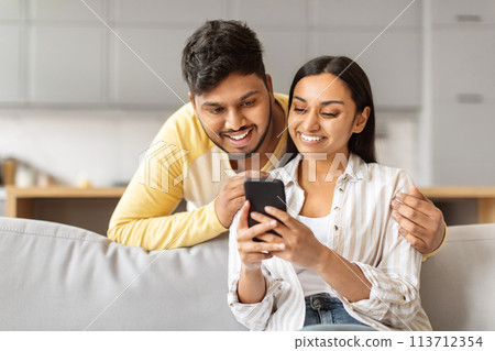Young couple looking at smartphone together at home 113712354