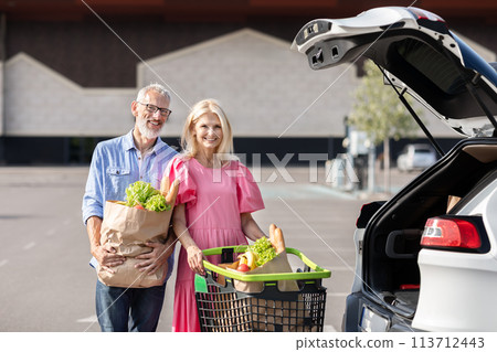 Happy senior couple with car and groceries Happy senior couple with car and groceries 113712443