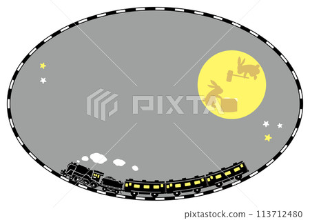 A pattern brush drawn railroad track frame and a toy-style SL C62 silhouette design with moon and rabbits, oval A pattern brush drawn railroad track frame and a toy-style SL C62 silhouette design with moon and rabbits, oval 113712480