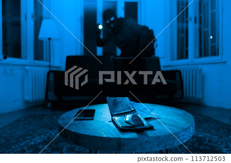 Thief stealing valuables from house at night 113712503