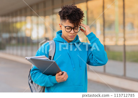 Pensive student with notebooks outdoors 113712785