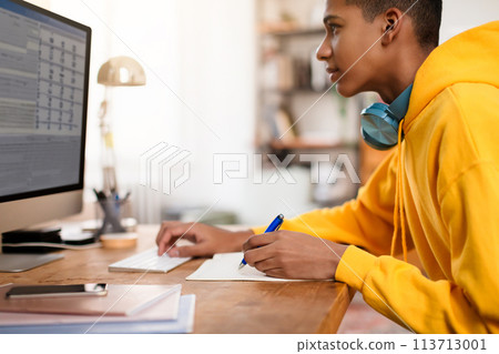 Focused teen guy studying at computer desk Focused teen guy studying at computer desk 113713001