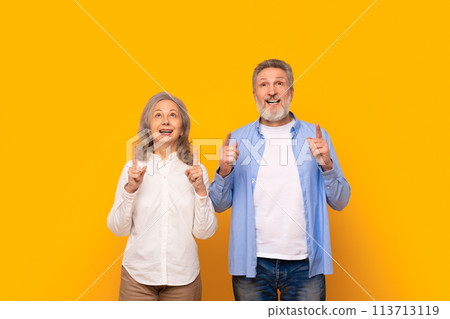 Excited senior couple pointing fingers up at free space, studio 113713119