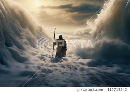 Religious biblical concept, the story of Moses parting the sea, flight from Pharaoh, the Jews, belief in God and Jesus Christ , the liberation of the Jews from Egyptian captivity, the miracle . 113713242