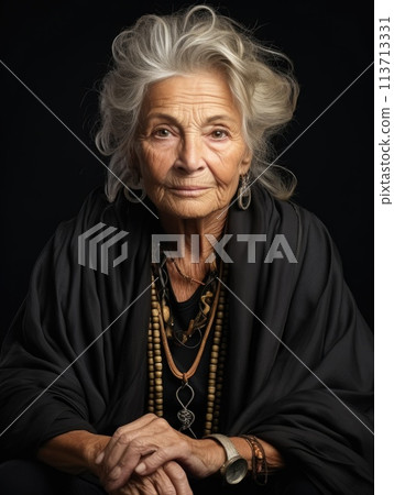 Elegant and stylish portrait of retirement age woman, anti-ageing, older age, gray colored hair, glamour, elderly fashion , confident personality, attractive maturity, older generation . Elegant and stylish portrait of retirement age woman, anti-ageing, older age, gray colored hair, glamour, elderly fashion , confident personality, attractive maturity, older generation . 113713331