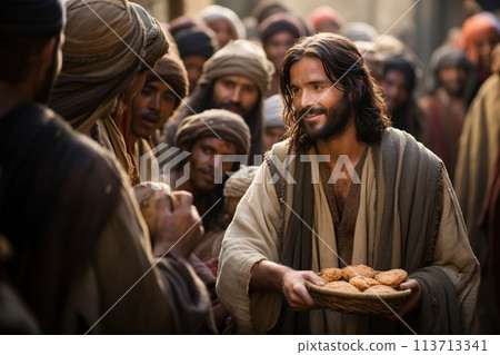Jesus Christ fed bread to the poor , bible religion, gospels, ancient scriptures history, Jesus hands giving bread to poor , biblical story to feed hungry, charity. 113713341