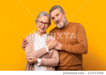 Portrait of beautiful elderly couple hugging with love, yellow studio Portrait of beautiful elderly couple hugging with love, yellow studio 113713348