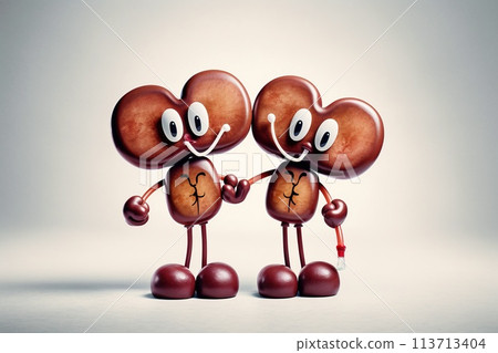 Kidneys. Cute cartoon healthy human anatomy internal organ character set with brain lung intestine heart kidney liver and stomach mascots. parts of living body organs in animated form. Kidneys. Cute cartoon healthy human anatomy internal organ character set with brain lung intestine heart kidney liver and stomach mascots. parts of living body organs in animated form. 113713404